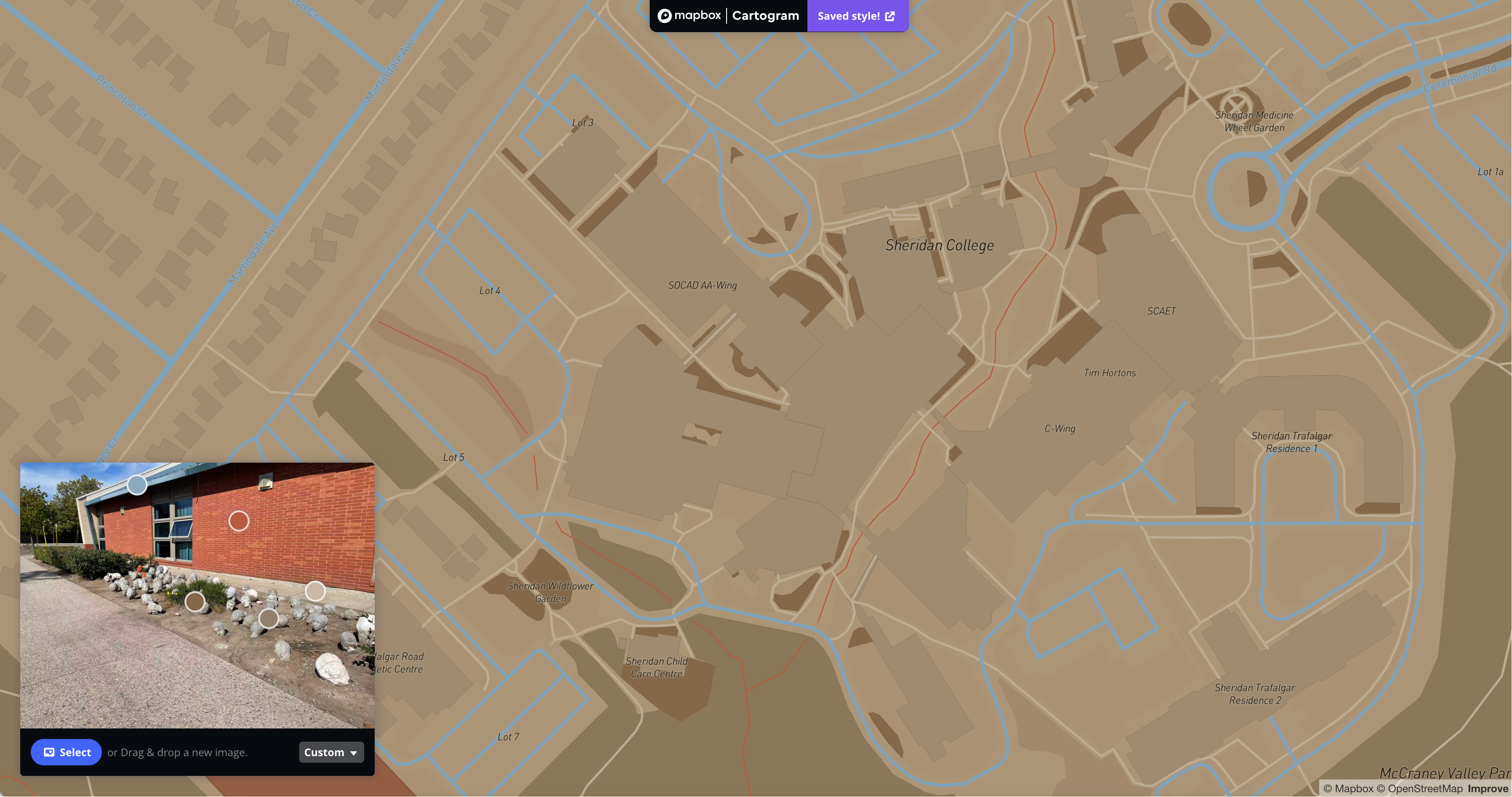 This is a map I styling with the image of an exterior place that is located at AA wings in Sheridan in Mapbox