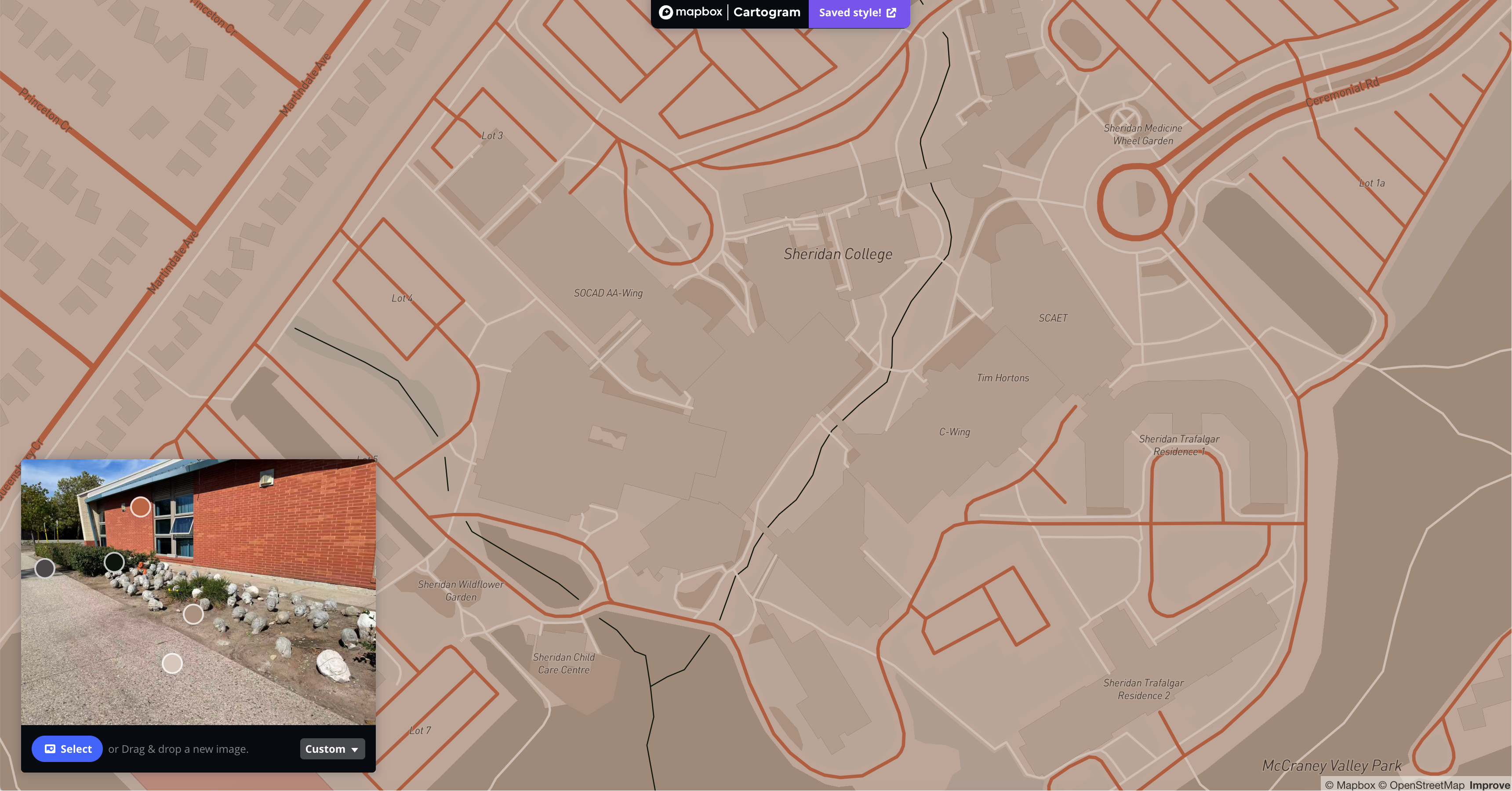 This is a map I styling with the image of an exterior place that is located at AA wings in Sheridan in Mapbox