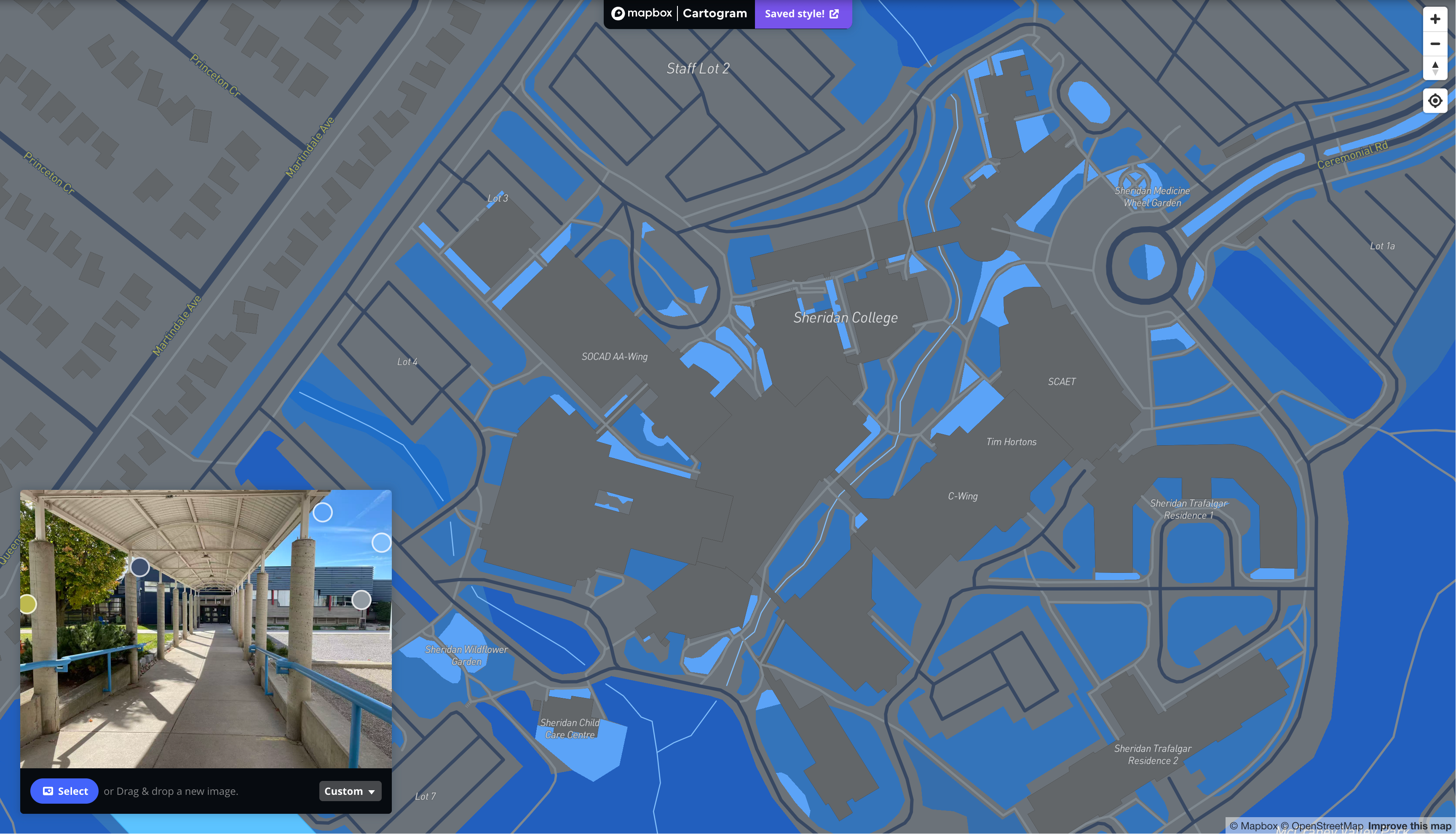 This is a map I styling with the image of an exterior place that is located at AA wings in Sheridan in Mapbox