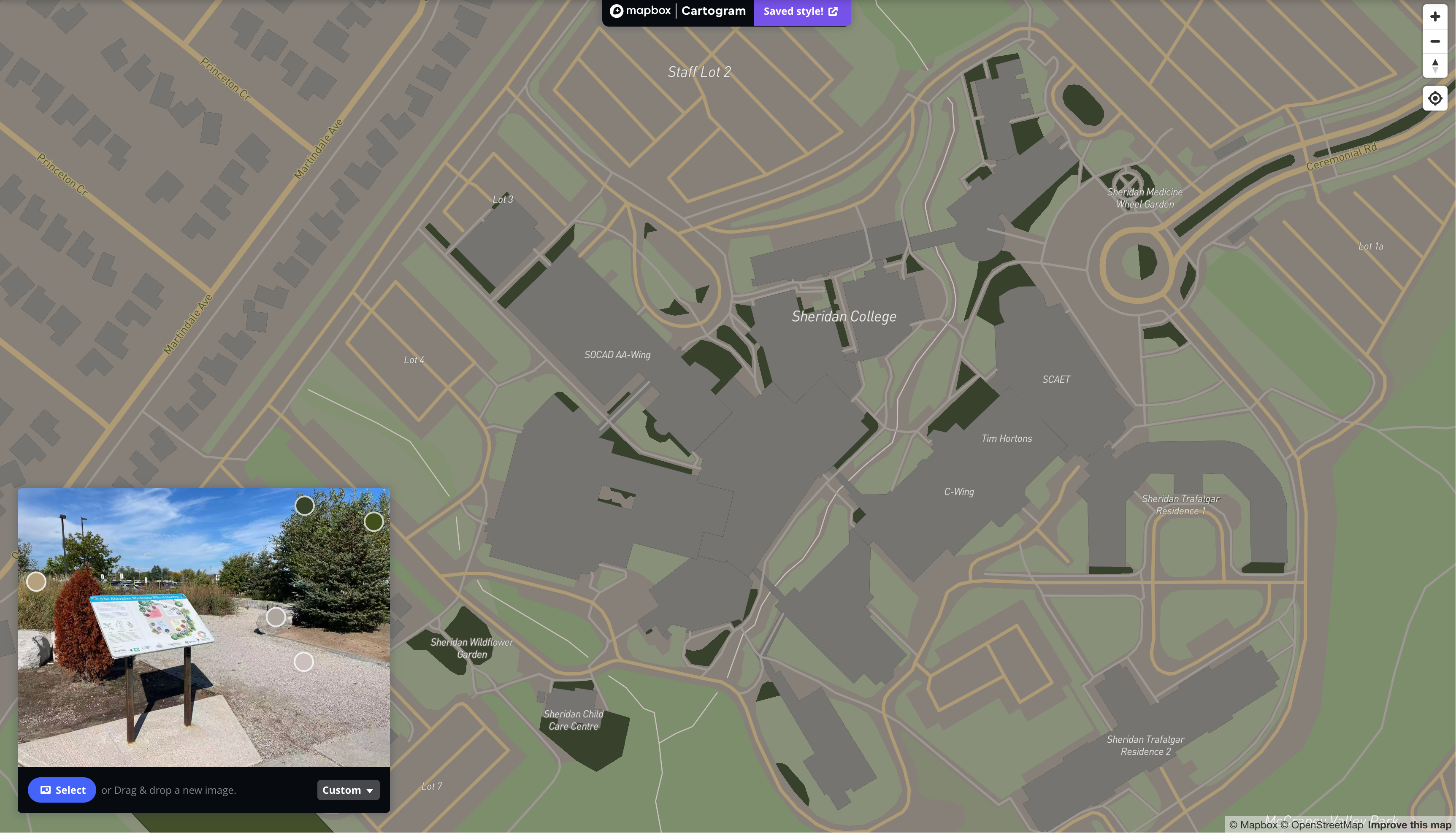 This is a map I styling with the image of exterior place that is located outside of J wings in Sheridan in Mapbox