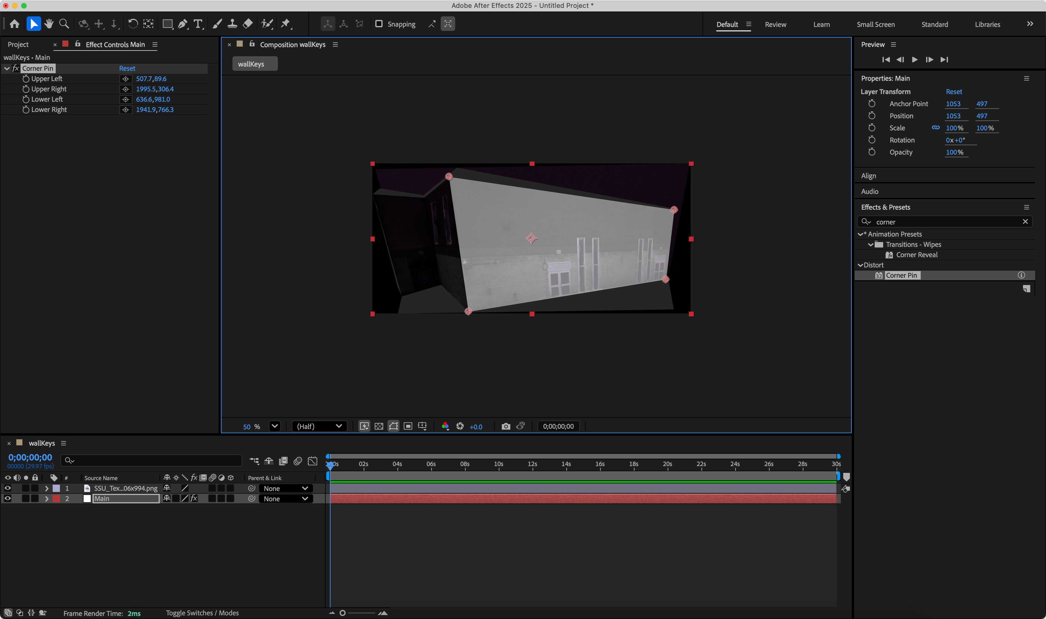 I followed the tutorial video 4, I'm adding effect - corner pin to my Main