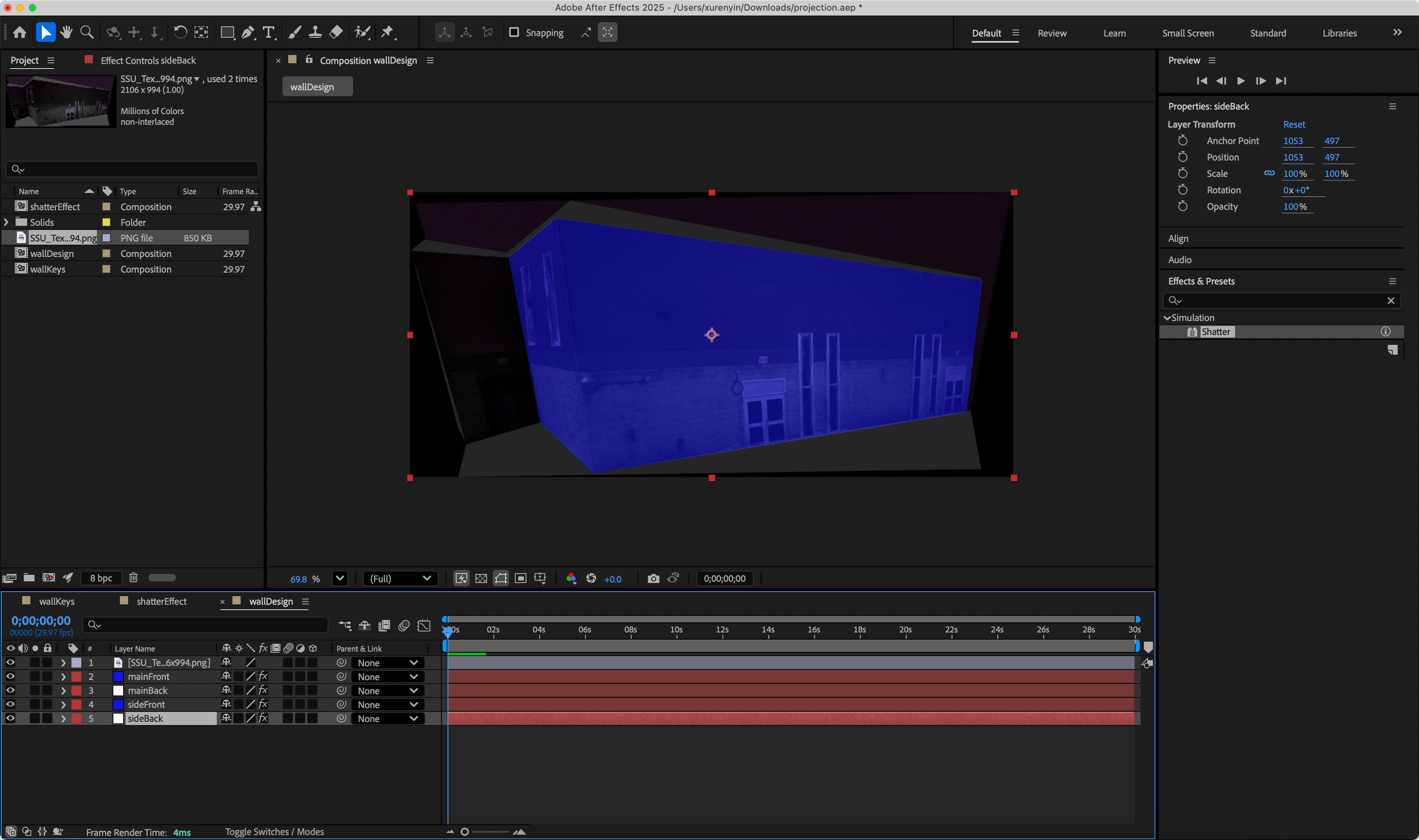 I followed the tutorial video to copy paste the shatterEffect and wallKeys to my wallDesign for side wall